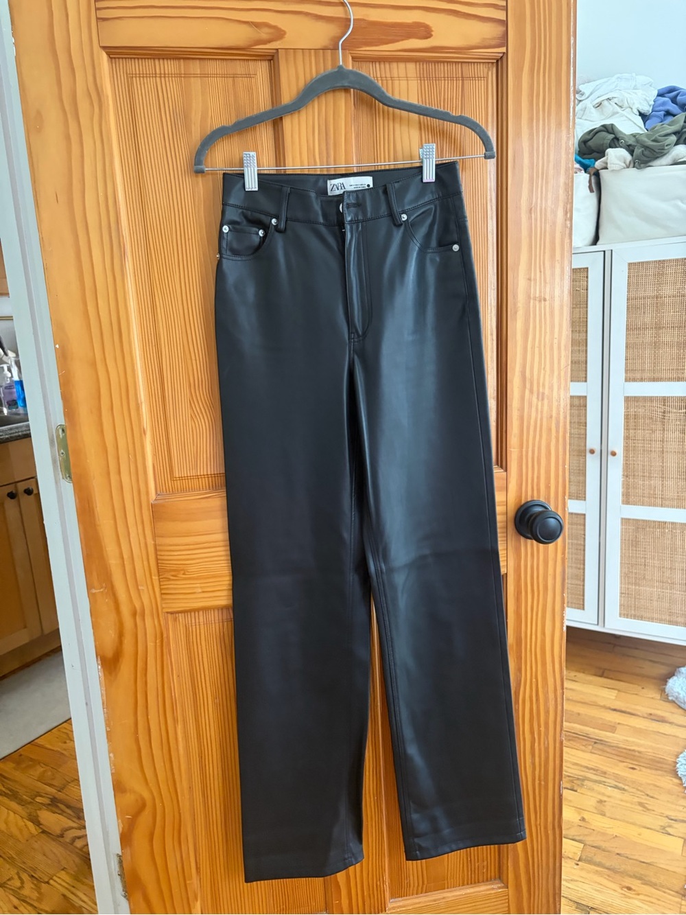 Zara Black Faux Leather Straight Leg Jeans